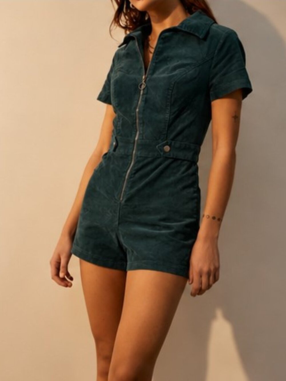 Urban Outfitters Women’s Teal Corduroy Zip-Up romper - size small